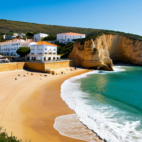 Home 11 **
A scenic view of Algarve, Portugal. Golden beaches meet rocky cliffs under a sunny sky. Gentle waves roll onto the shore. In the background, charming resorts and villas are nestled among the landscape. Include local seafood cuisine in a subtle way, perhaps a fishing boat in the distance. Perfect anatomy, correct proportions, natural pose, professional photography, high quality, safe for work, appropriate content, fully clothed, modest, family-friendly.
**