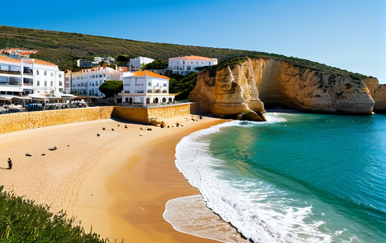 **

A scenic view of Algarve, Portugal. Golden beaches meet rocky cliffs under a sunny sky. Gentle waves roll onto the shore. In the background, charming resorts and villas are nestled among the landscape. Include local seafood cuisine in a subtle way, perhaps a fishing boat in the distance. Perfect anatomy, correct proportions, natural pose, professional photography, high quality, safe for work, appropriate content, fully clothed, modest, family-friendly.

**